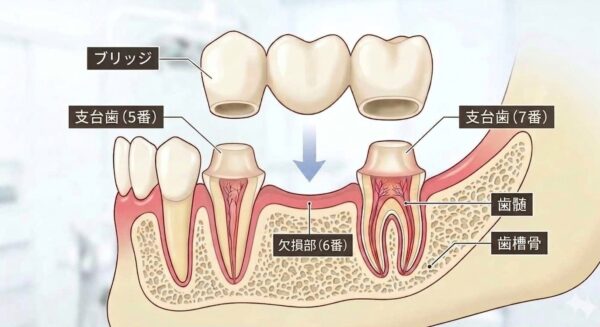 下顎6番の欠損に対してブリッジで改善する模式図