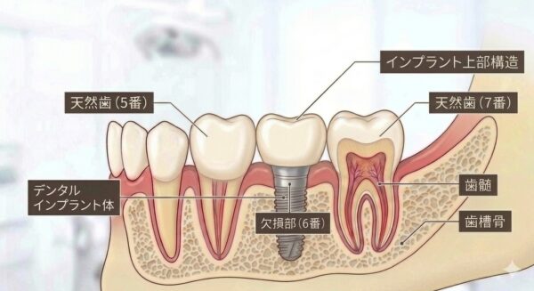 下顎6番の欠損に対してデンタルインプラントで改善する模式図